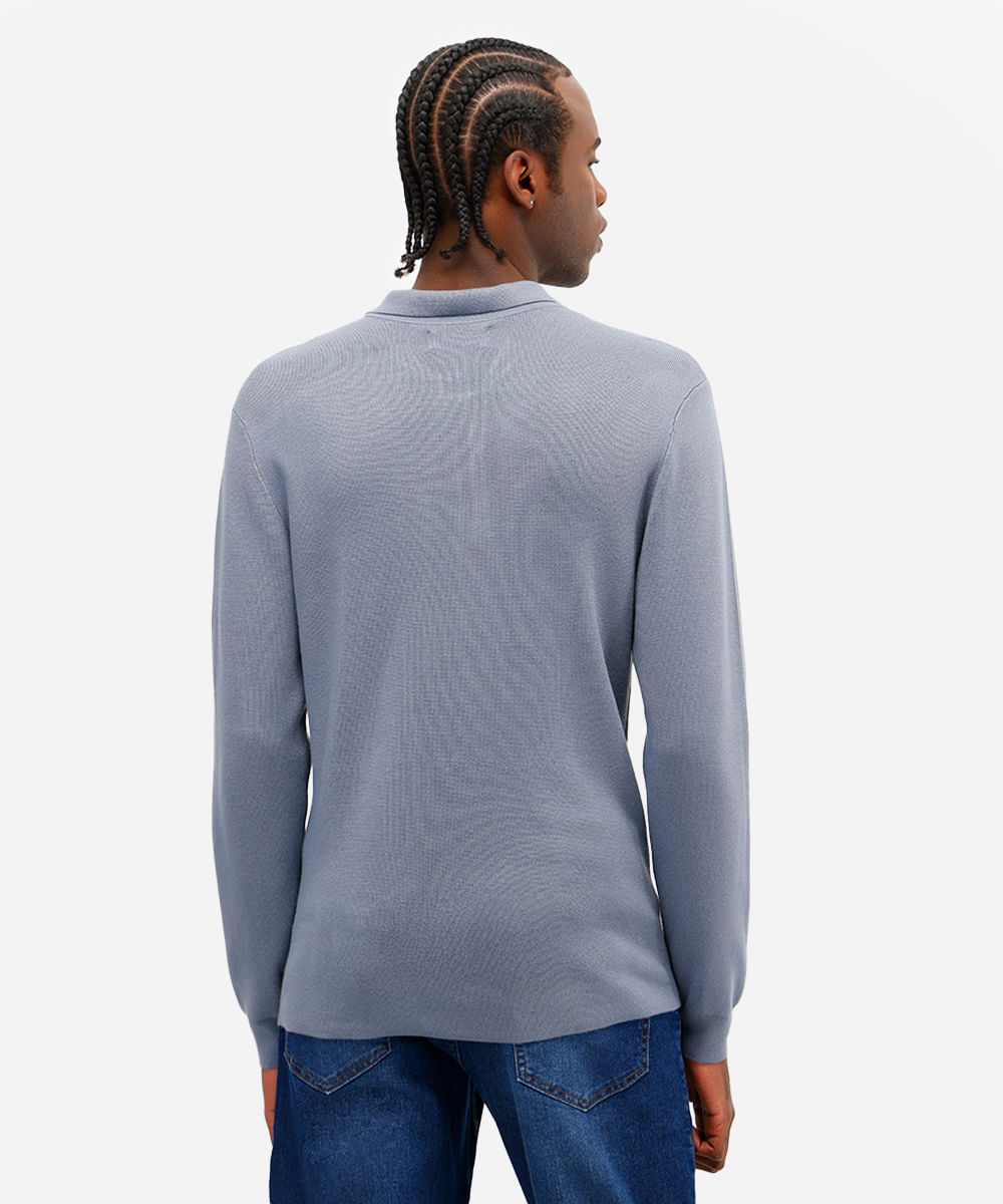 polo de tricot com zíper manga longa azul