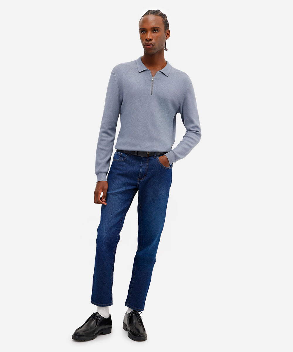 polo de tricot com zíper manga longa azul