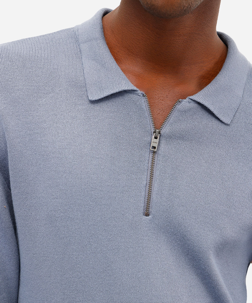 polo de tricot com zíper manga longa azul