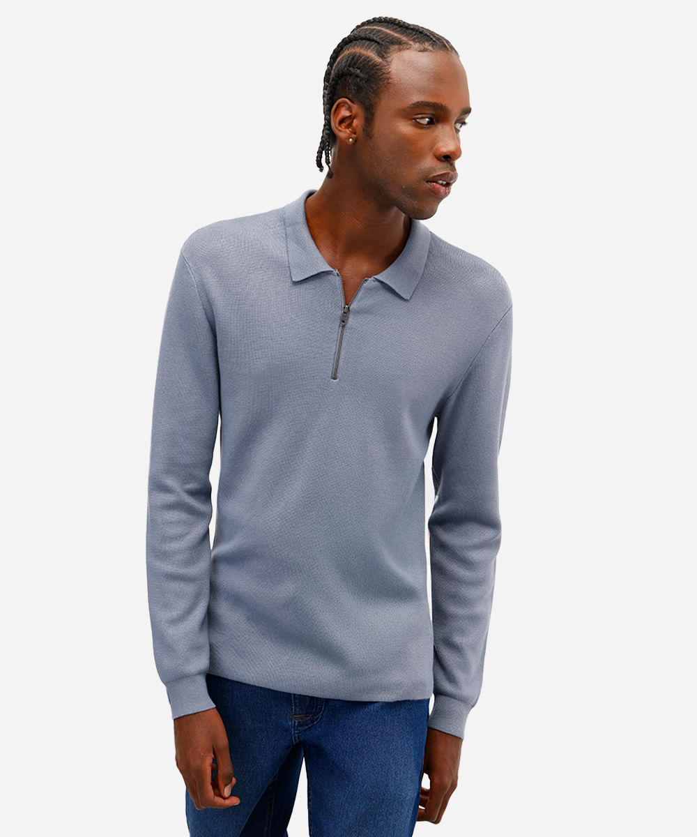 polo de tricot com zíper manga longa azul