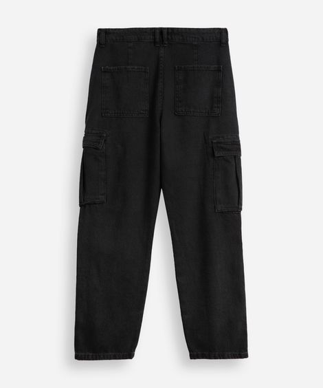 calça reta juvenil de sarja com bolso cargo preta