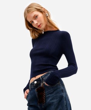 blusa básica feminina de tricot  manga longa canelada azul