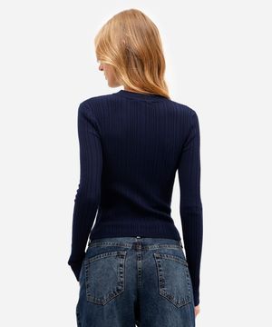 blusa básica feminina de tricot  manga longa canelada azul