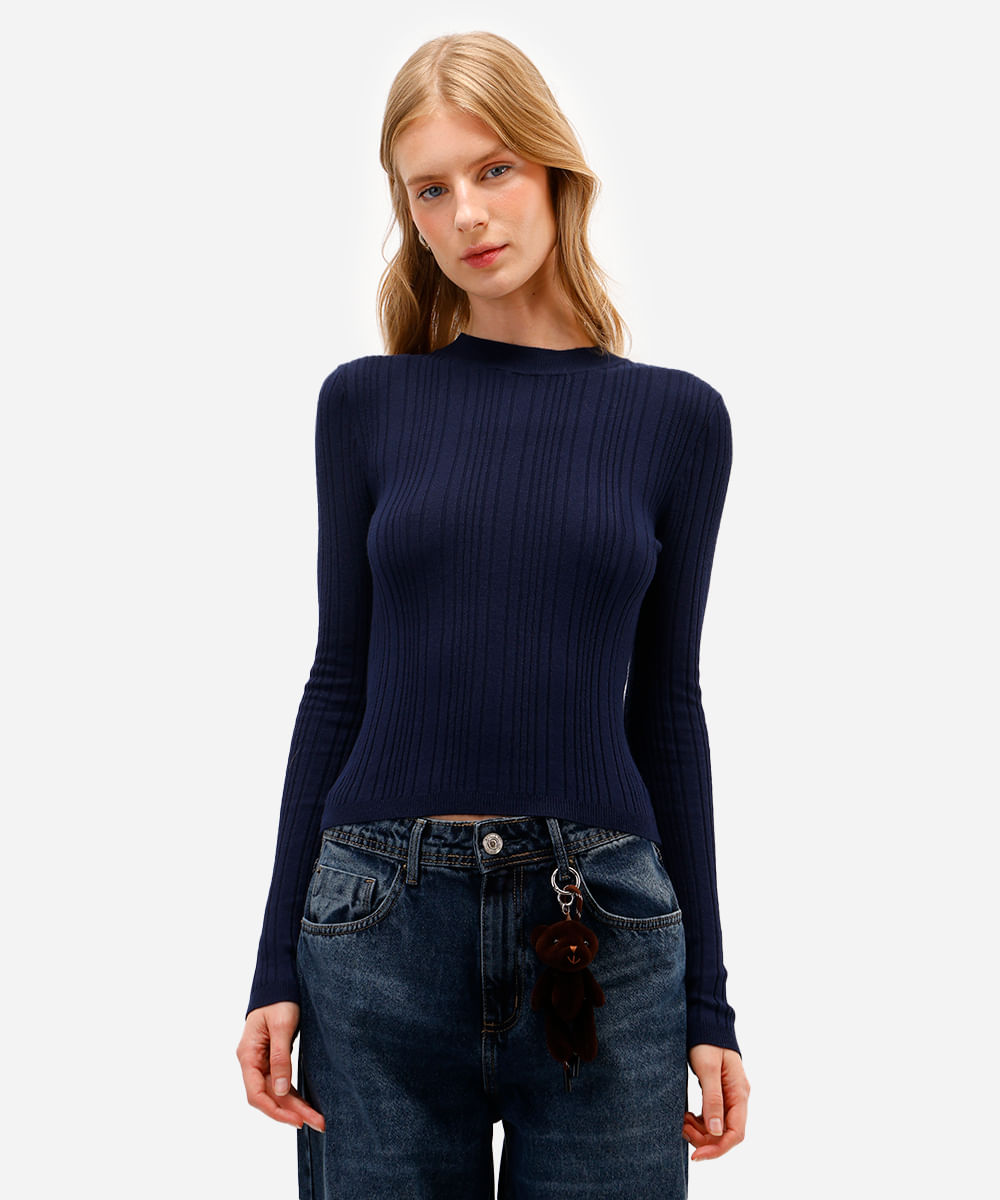 blusa básica feminina de tricot  manga longa canelada azul