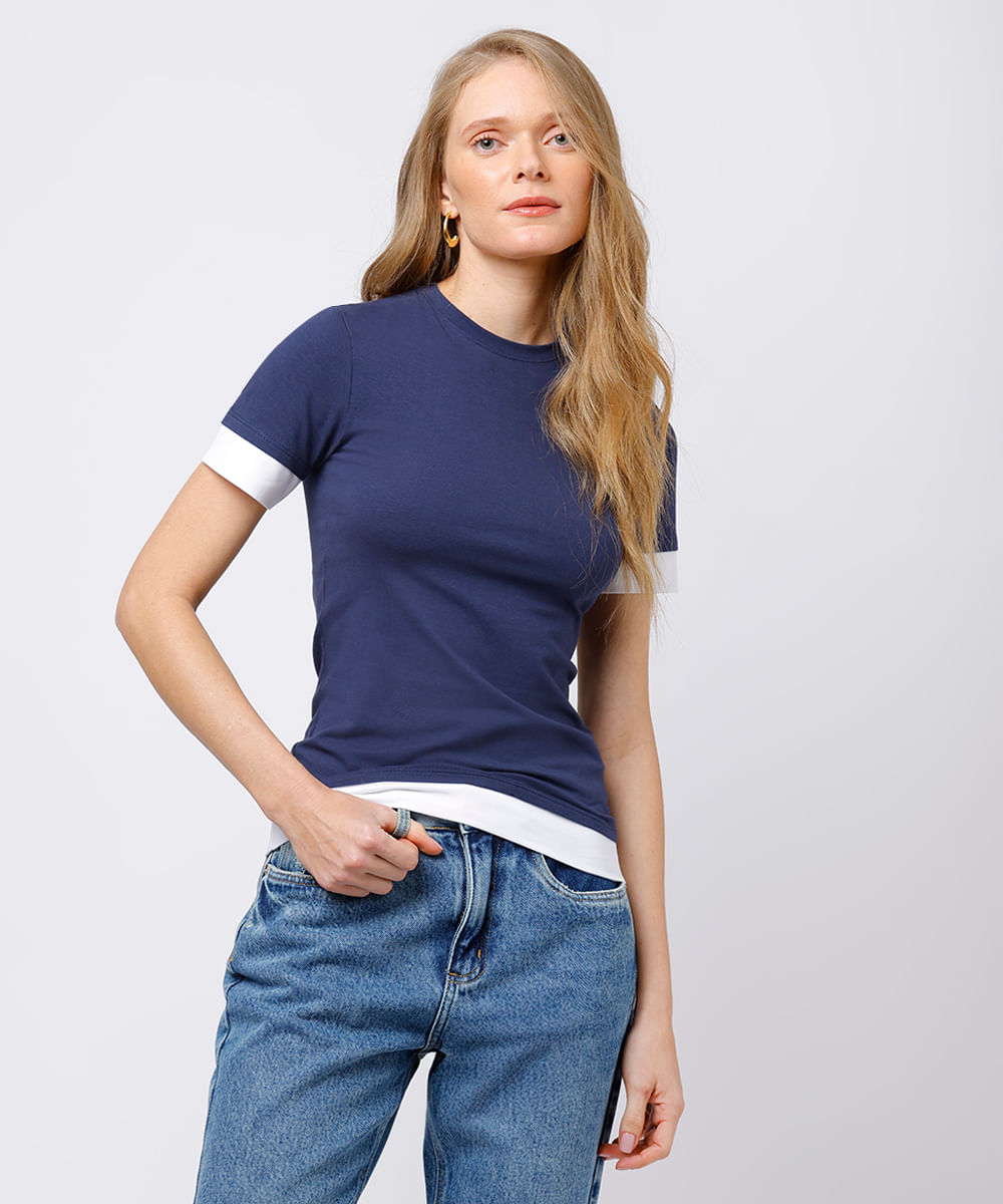 camiseta baby tee feminina de algodão com sobreposição mindset azul