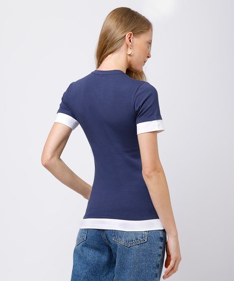 camiseta baby tee feminina de algodão com sobreposição mindset azul