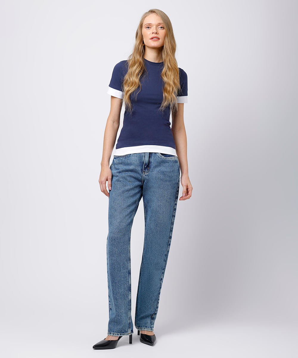 camiseta baby tee feminina de algodão com sobreposição mindset azul