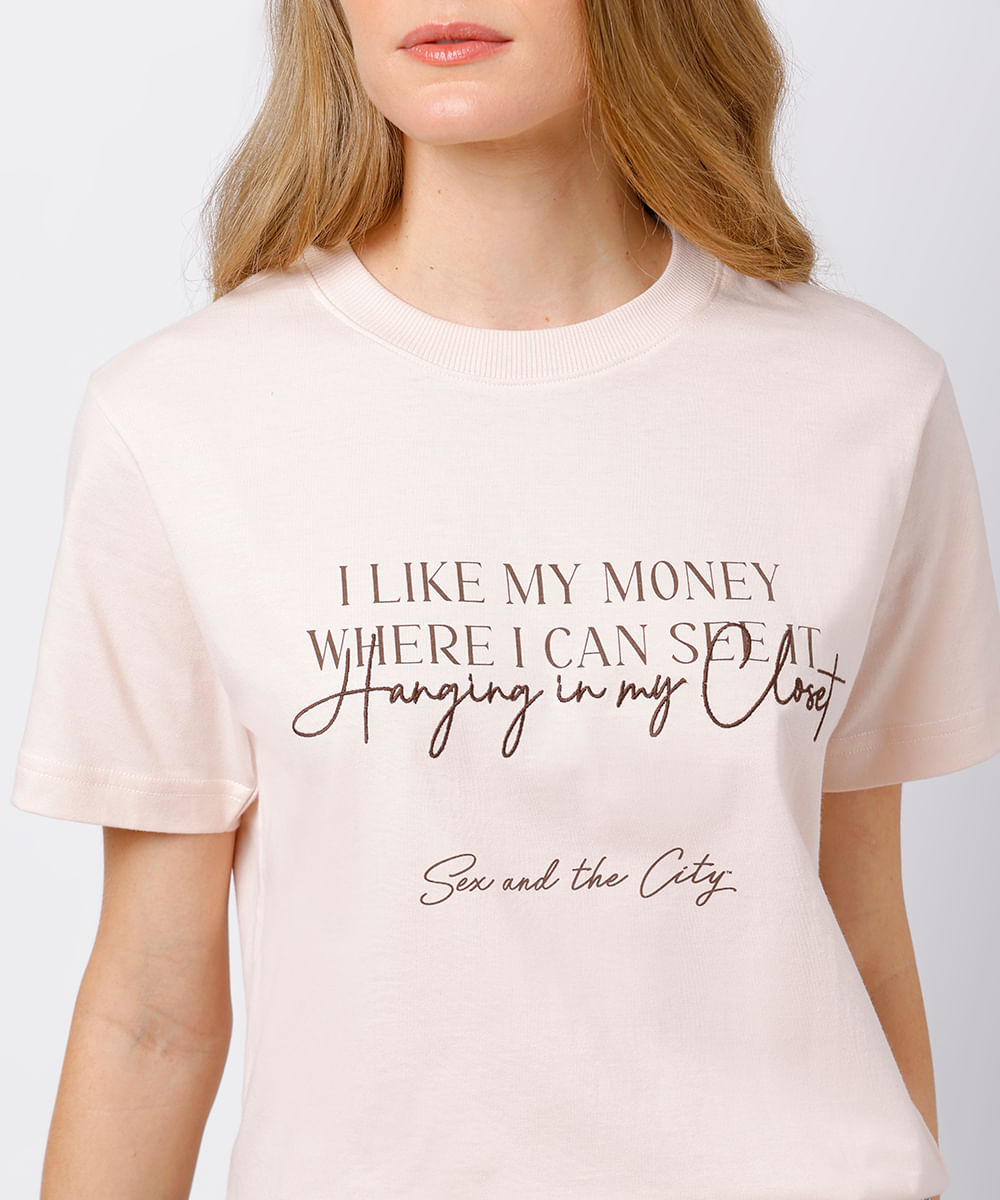 camiseta feminina de algodão i like my money mindset rosa