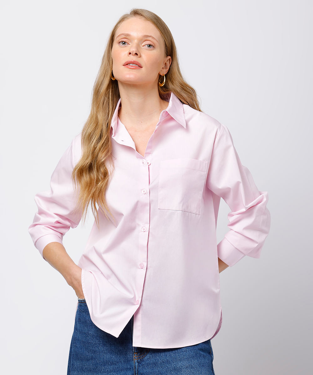 camisa oversized feminina de algodão manga longa mindset rosa