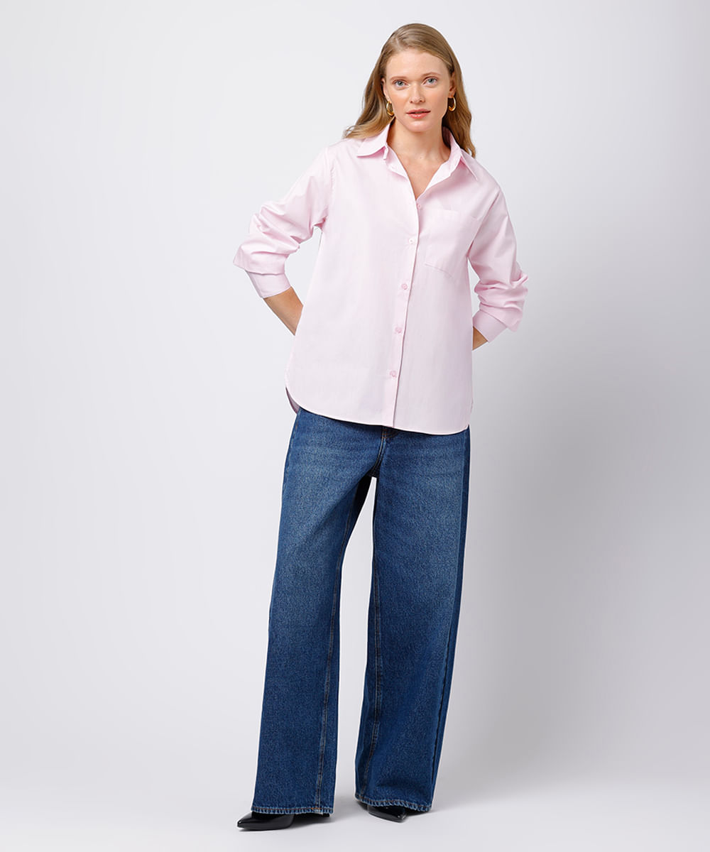 camisa oversized feminina de algodão manga longa mindset rosa