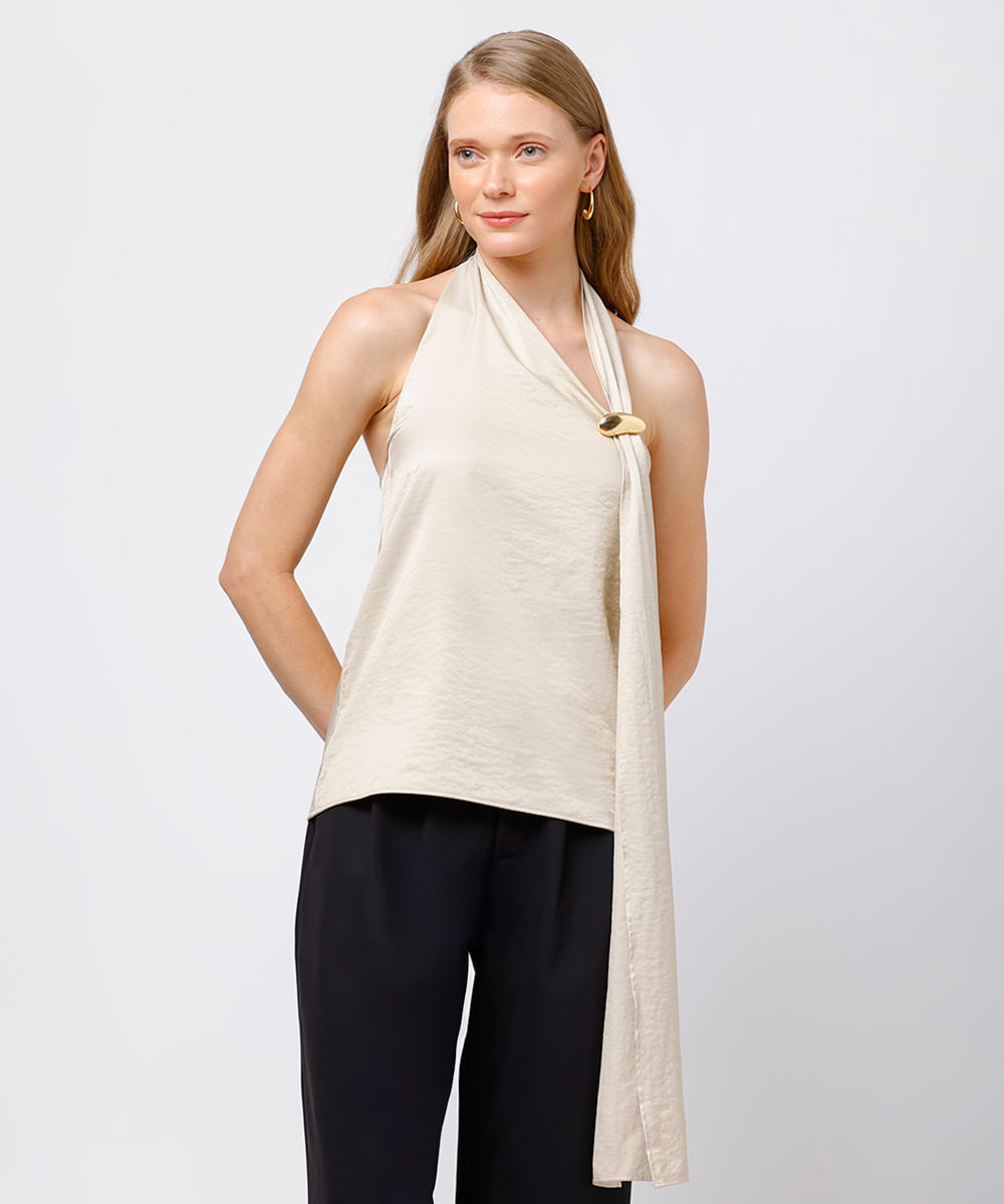 blusa frente única feminina acetinada mindset bege