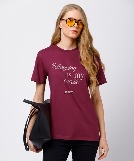 camiseta feminina de algodão shopping is my cardio mindset vinho