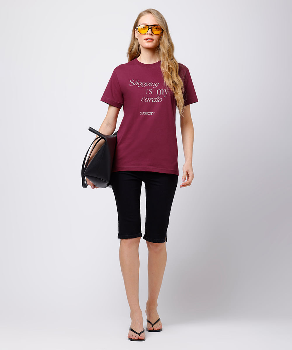 camiseta feminina de algodão shopping is my cardio mindset vinho