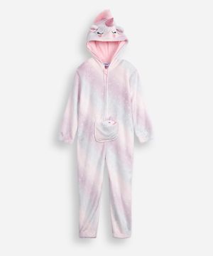 pijama macacão de pelúcia infantil com capuz unicórnio colorido