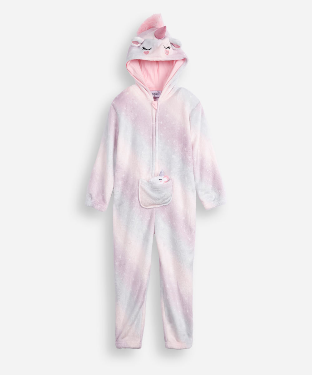 pijama macacão de pelúcia infantil com capuz unicórnio colorido