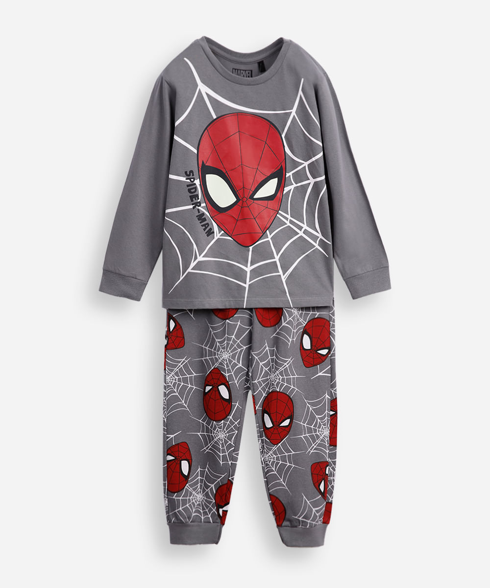 pijama longo algodõ homem aranha cinza