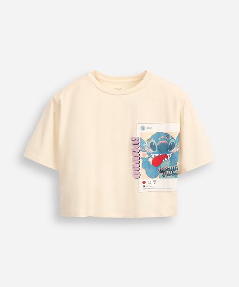camiseta cropped de algodão juvenil stitch bege