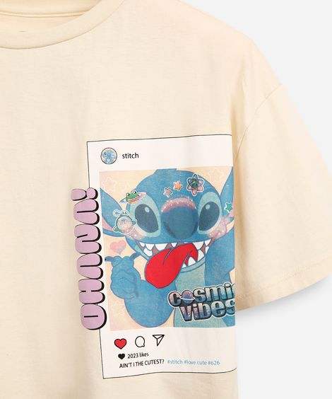 camiseta cropped de algodão juvenil stitch bege