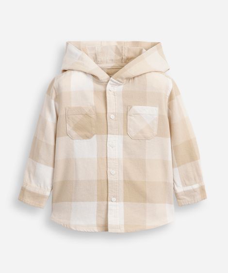 camisa de algodão infantil com capuz xadrez bege