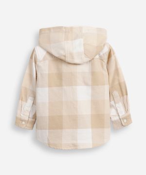 camisa de algodão infantil com capuz xadrez bege