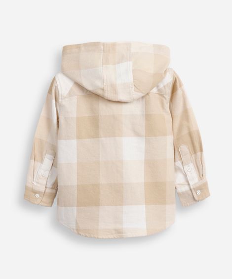camisa de algodão infantil com capuz xadrez bege