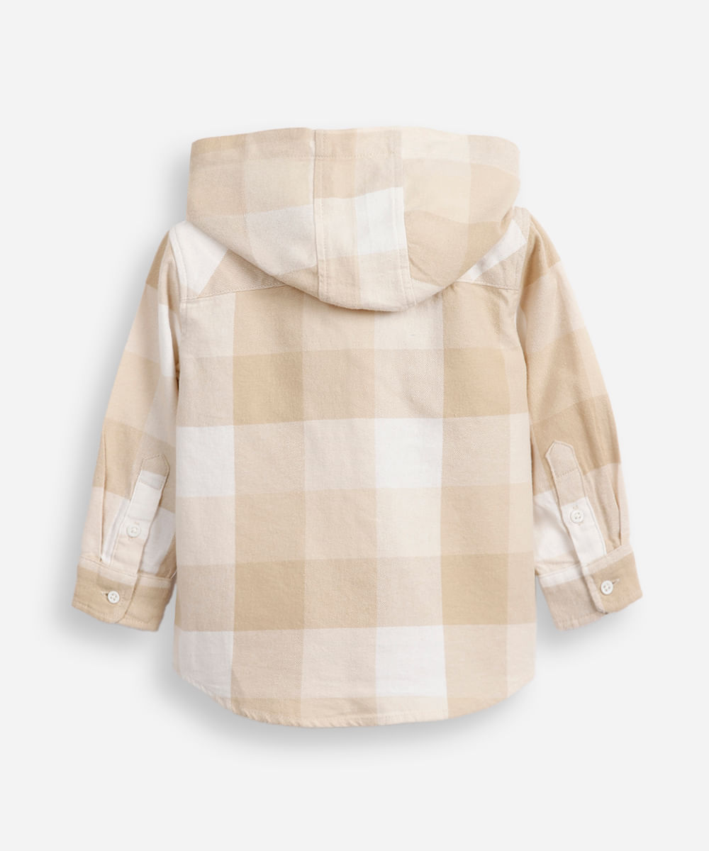 camisa de algodão infantil com capuz xadrez bege