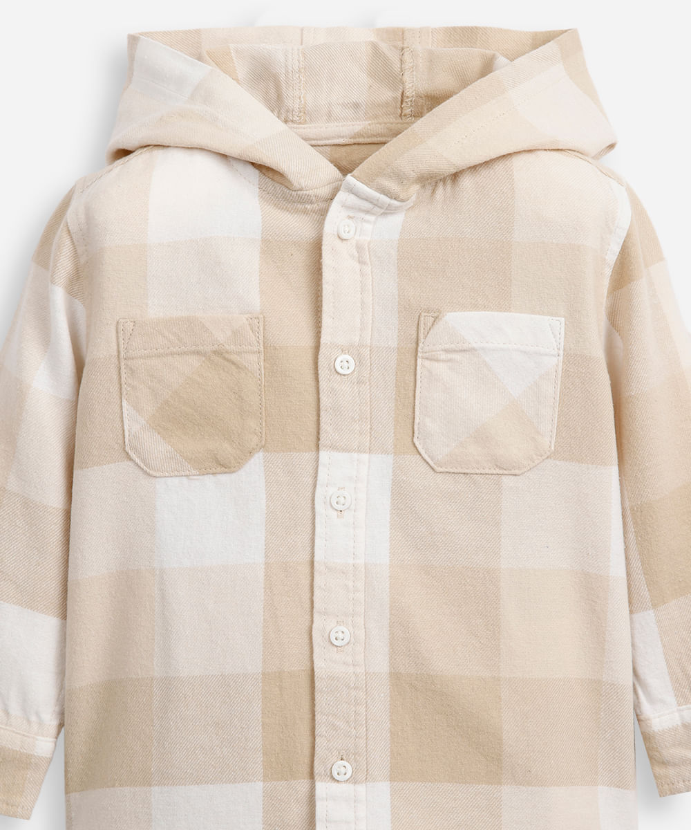 camisa de algodão infantil com capuz xadrez bege