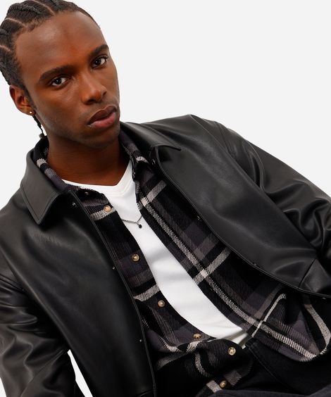 camisa masculina de algodão manga longa xadrez preta