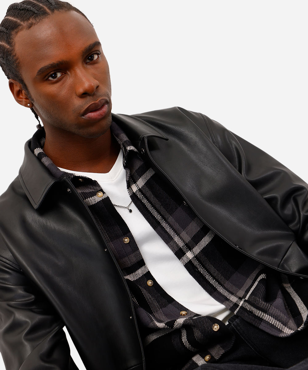 camisa masculina de algodão manga longa xadrez preta