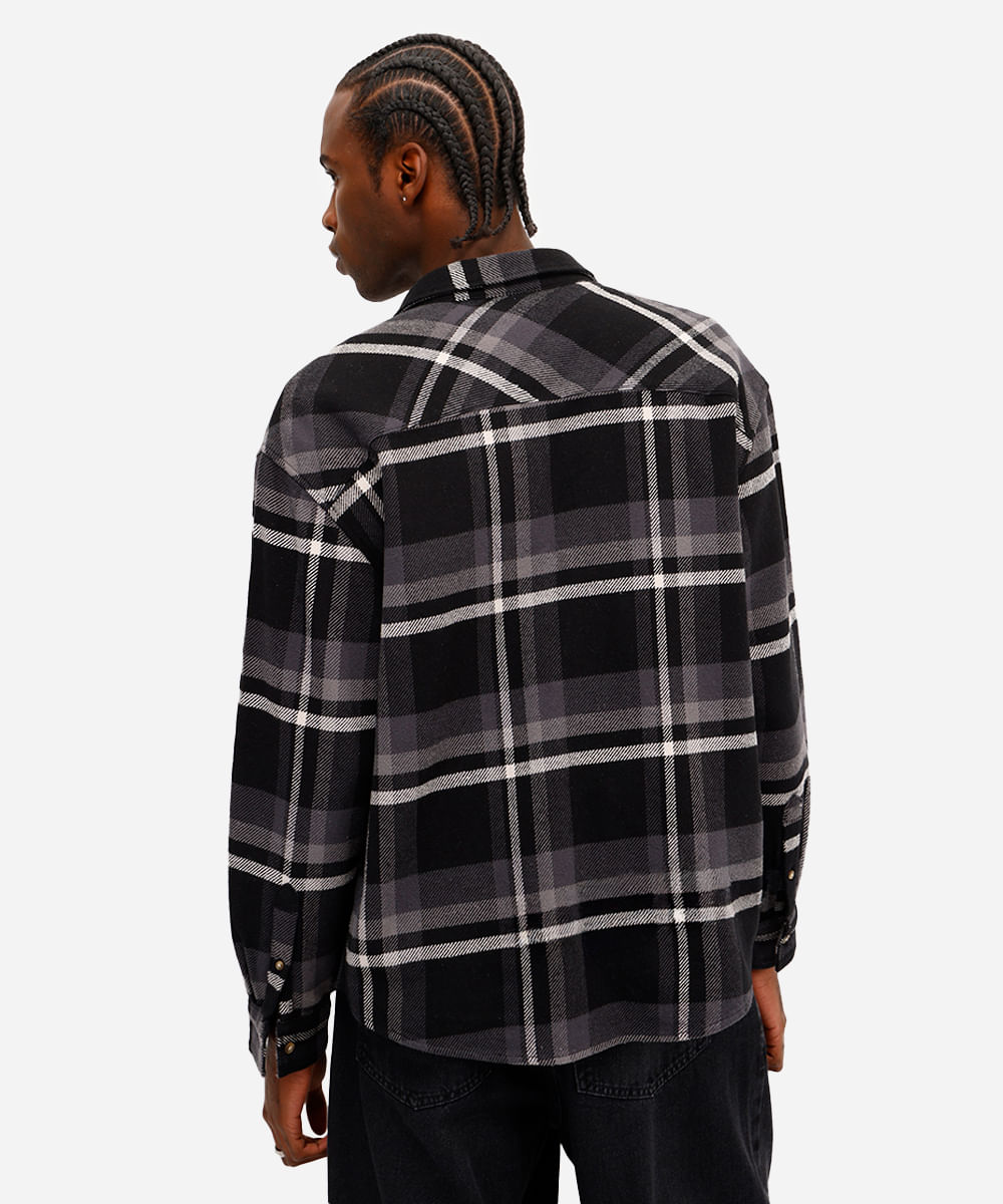 camisa masculina de algodão manga longa xadrez preta