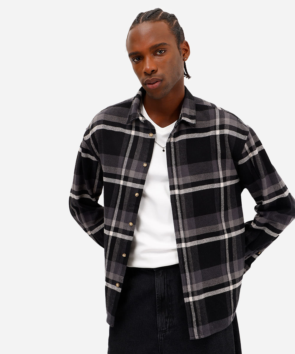 camisa masculina de algodão manga longa xadrez preta