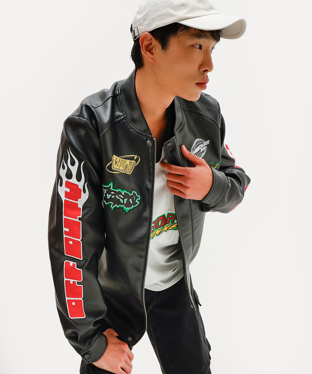 jaqueta unissex de poliuretano com patches daniel ueda preta