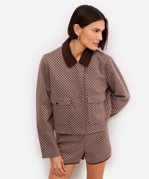 jaqueta feminina gola cotelê estampada marrom