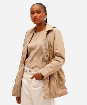 parka dupla face feminina alongada com capuz bege