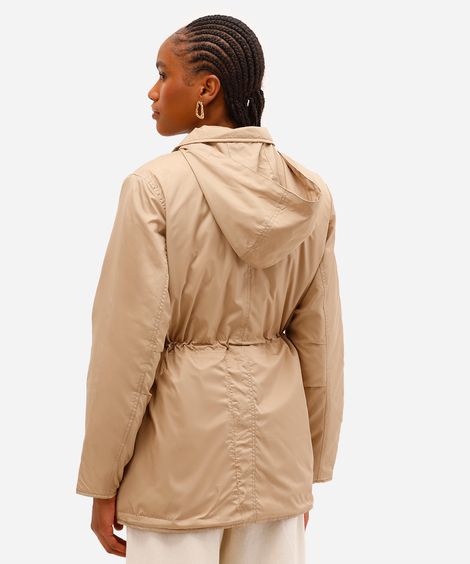 parka dupla face feminina alongada com capuz bege