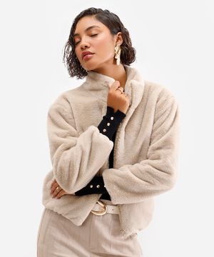 jaqueta bomber feminina de pelúcia bege