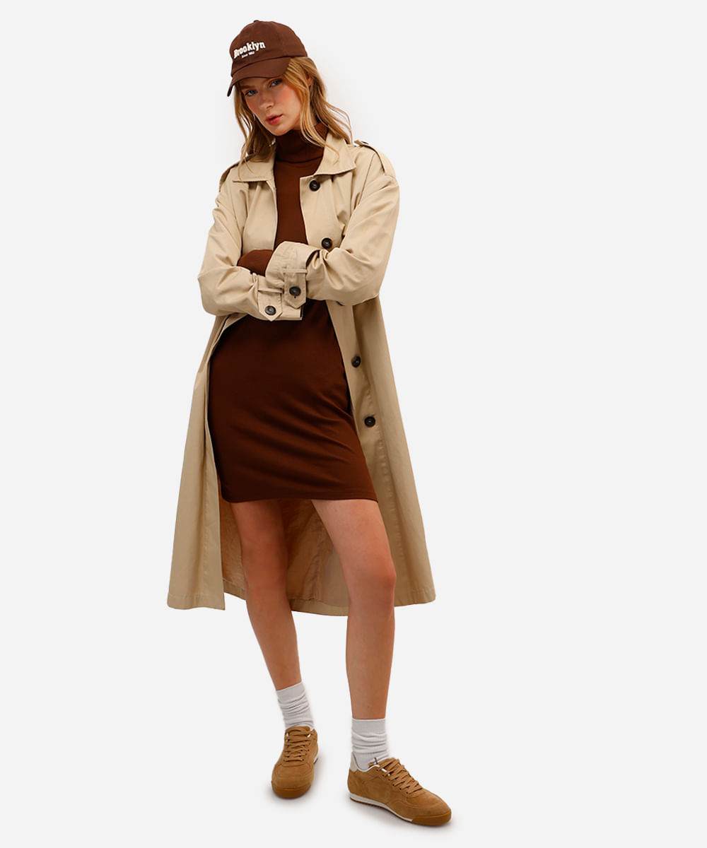 vestido curto de algodão gola alta marrom
