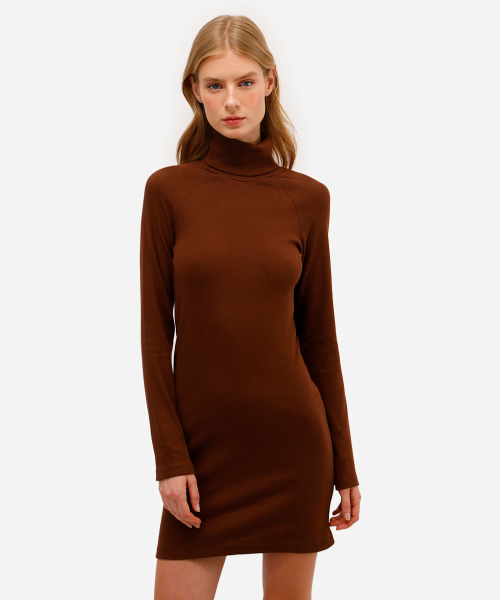 vestido curto de algodão gola alta marrom