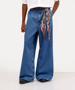calça wide leg unissex jeans babi louise azul
