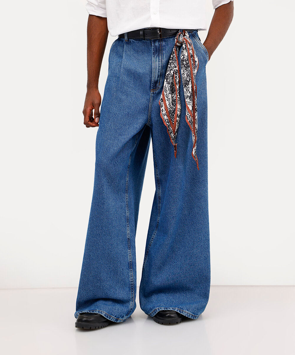 calça wide leg unissex jeans babi louise azul