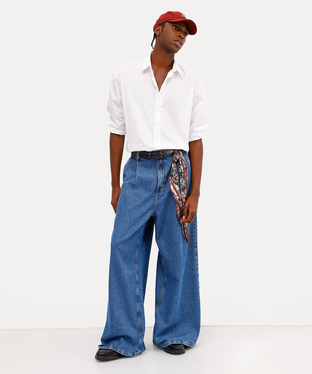 calça wide leg unissex jeans babi louise azul