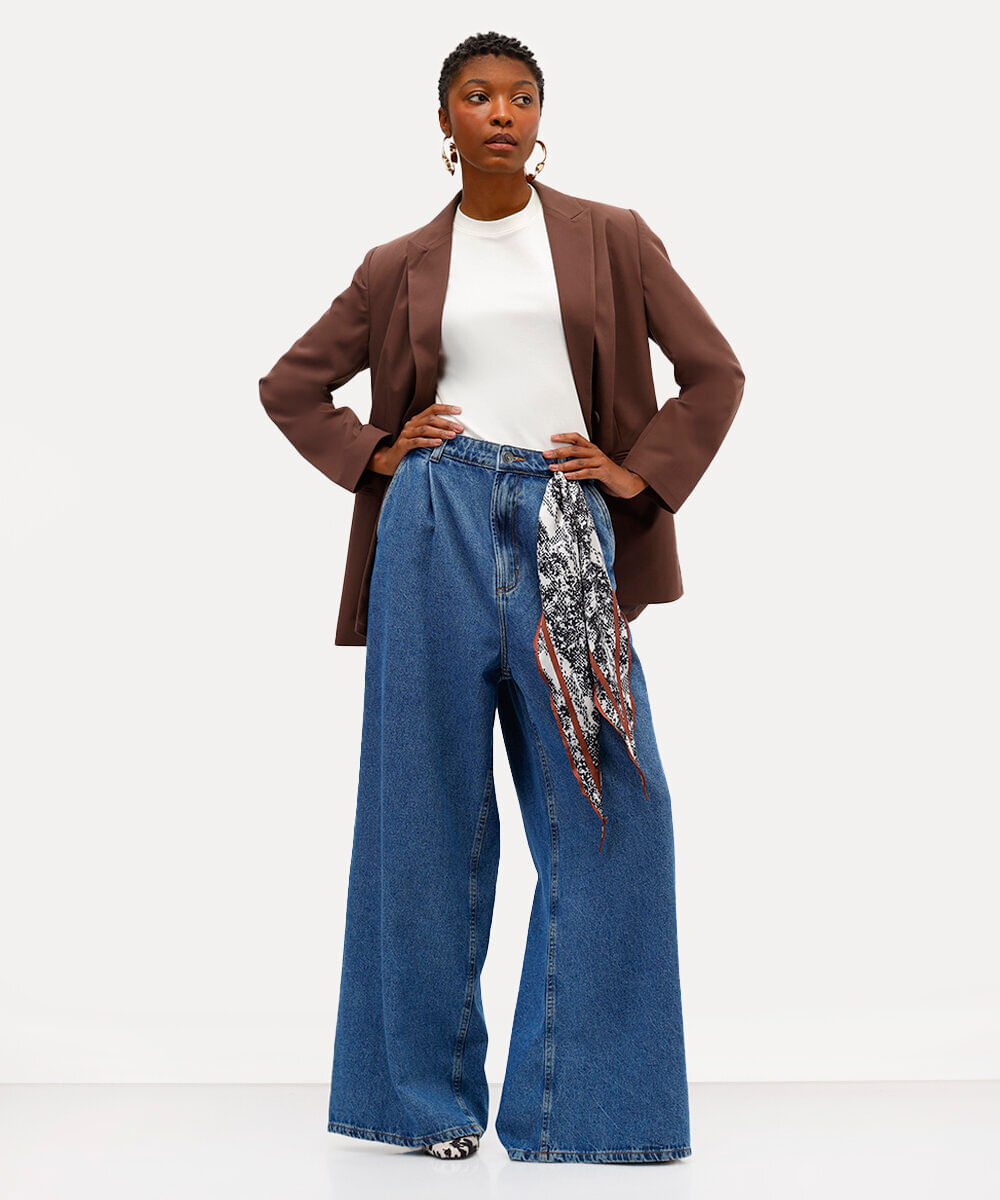 calça wide leg unissex jeans babi louise azul