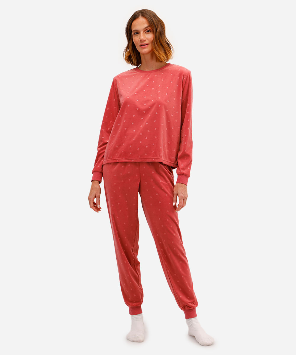 pijama longo feminino de plush corações rosa