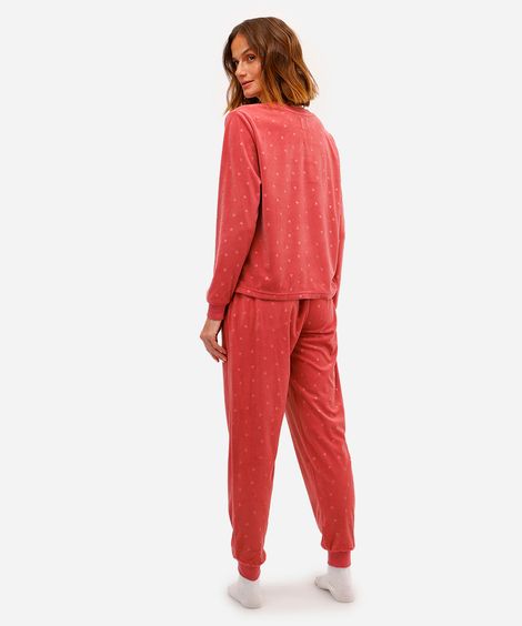 pijama longo feminino de plush corações rosa