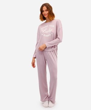 pijama longo feminino estampado manga longa lilás