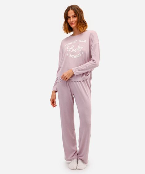 pijama longo feminino estampado manga longa lilás