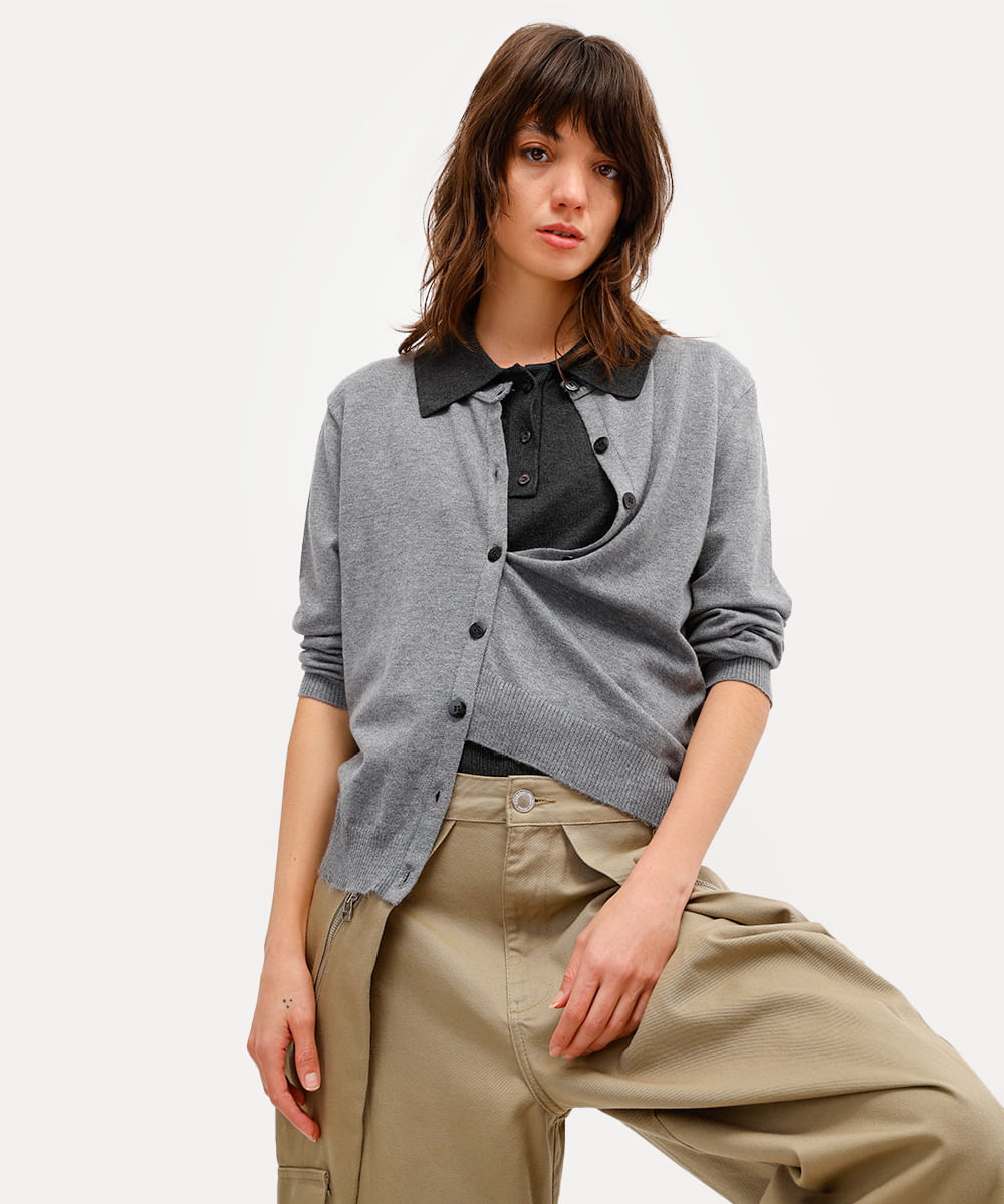 cardigan feminino de tricot rita lazzarotti cinza