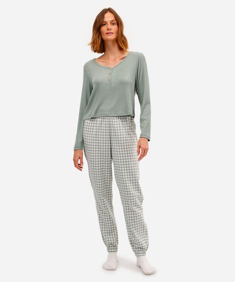 pijama longo feminino xadrez verde