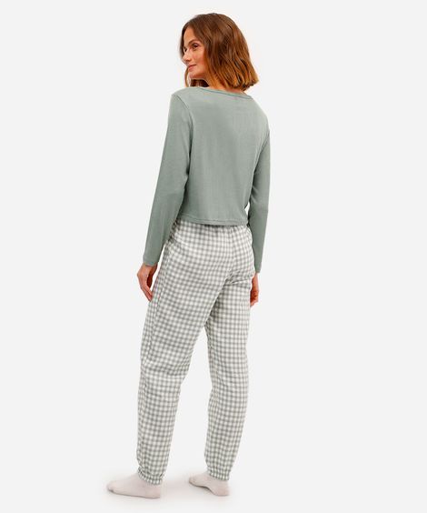 pijama longo feminino xadrez verde