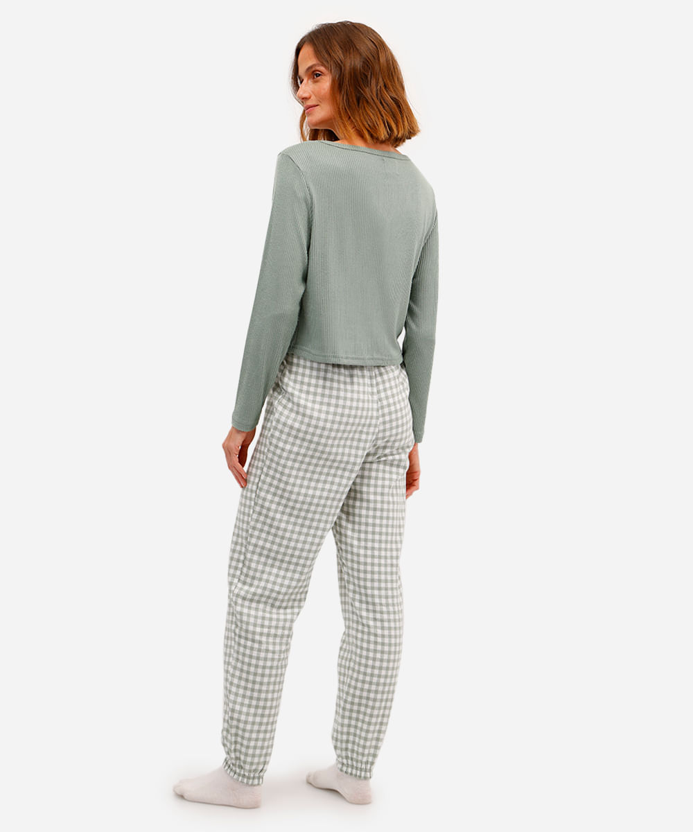 pijama longo feminino xadrez verde
